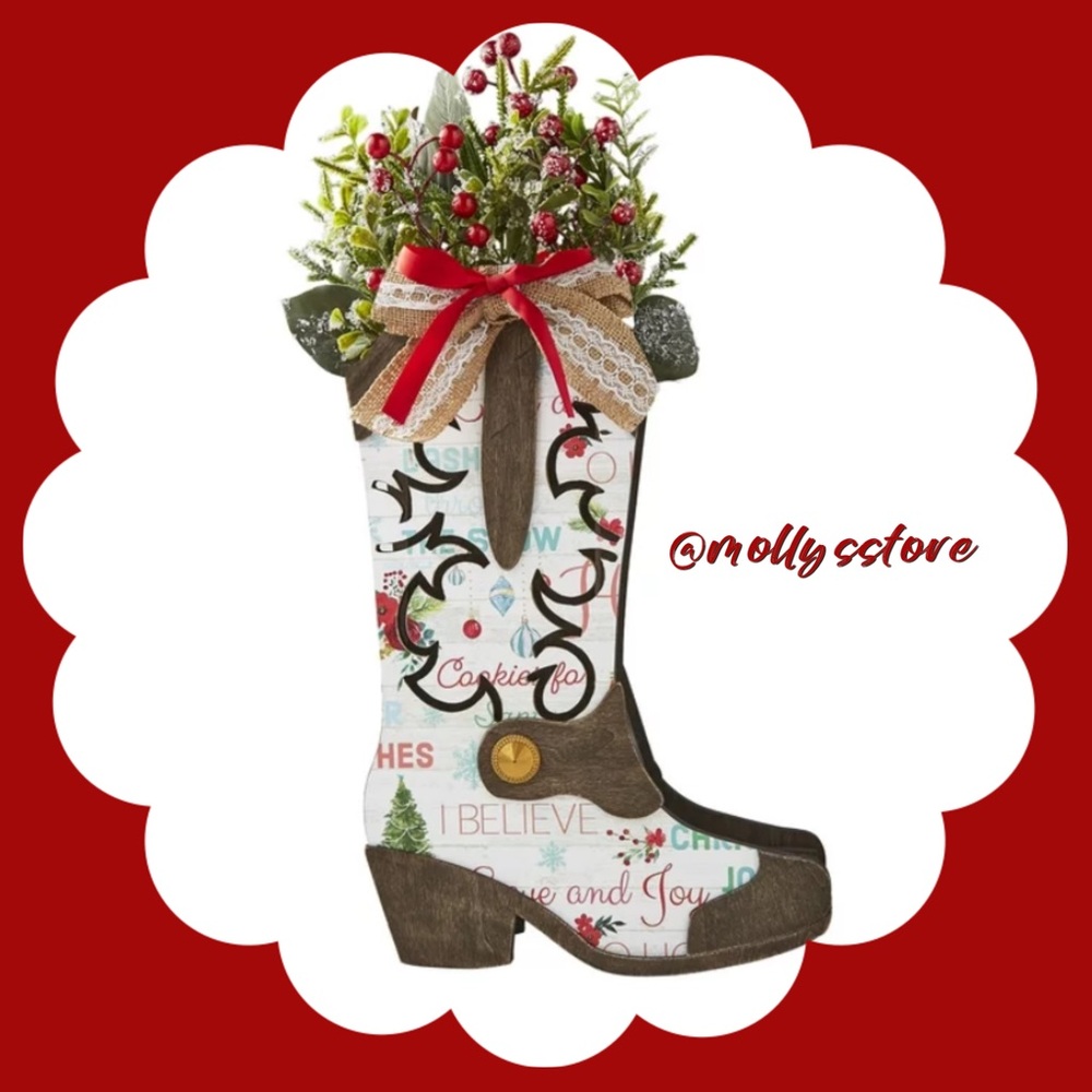 💗 New Pioneer Woman Wooden Tabletop Christmas Decoration White Boot, 17"x11"